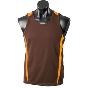 A brown singlet with orange side stripes, displayed on a mannequin. It features a logo on the front.