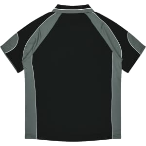 A black polo shirt with grey accents and piping, featuring a collar and short sleeves.