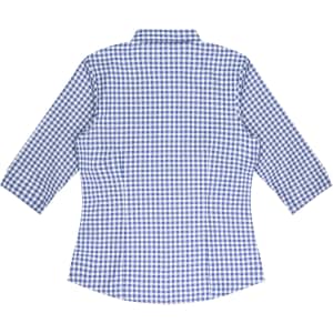 A blue and white checked button-up shirt with 3/4 sleeves and a collar, featuring a branding logo.