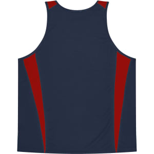 A navy singlet with red accents, featuring a logo on the front. Suitable for kids.