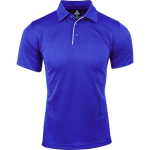 A blue polo shirt with a collar and three buttons, featuring a logo on the chest area.