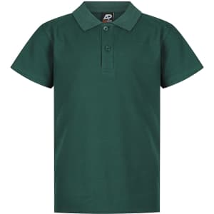 A green polo shirt for kids featuring a collar and three buttons, with a small logo on the neckline.