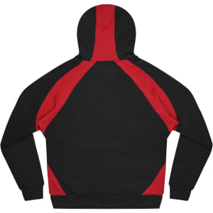 A black hoodie with red accents on the shoulders and back, featuring a hood and long sleeves.