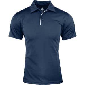 A navy blue polo shirt featuring a classic collar and a subtle white trim, with a logo on the chest.