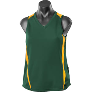 A green singlet with yellow side stripes, featuring a v-neck design. It has a logo on the garment.
