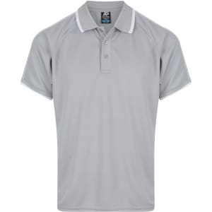 A grey men's polo shirt with white accents and a logo on the chest. Short sleeves and a collared neckline.