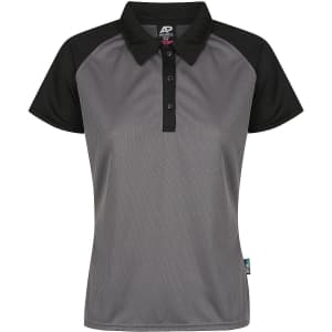 A black and grey polo shirt featuring a collar and button placket, suitable for casual wear. It includes a branding logo.