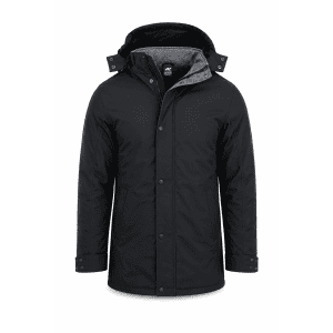 A black jacket with a hood and grey lining, featuring buttons and a logo on the chest.