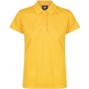 A yellow polo shirt featuring a classic collar and button detail, with a branded logo on the inside.
