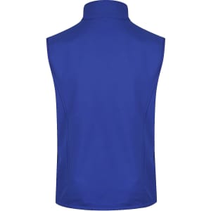A blue men's work vest featuring a high collar and no sleeves, with a branded logo on the back.