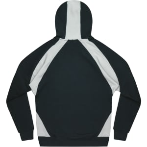A dark green hoodie with light grey panels, featuring a hood and long sleeves, showcased from the back.