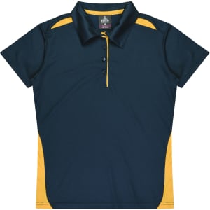 A polo shirt featuring dark blue and yellow colours, with a collar and short sleeves. It has a logo on the label.