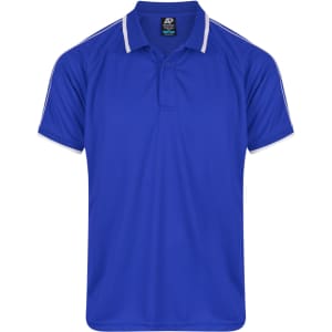 A blue polo shirt with white accents and a logo. Short-sleeved design.