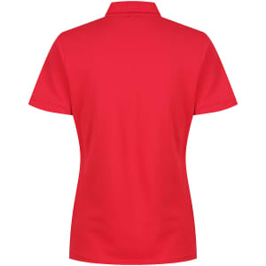 A red polo shirt for women with a classic cut and collar, featuring a logo on the back.