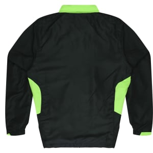 A black tracktop with bright green accents, featuring a collar and elasticated cuffs. It has a logo.