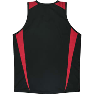 A black singlet with red accents on the shoulders and sides, featuring a logo on the fabric.