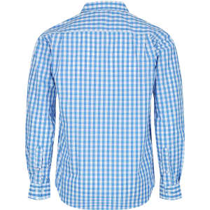 A long-sleeve button-up shirt in blue with a checked pattern and a logo on the back.