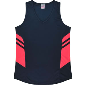 A navy singlet with pink side panels and a logo. It features a V-neck design, suitable for casual wear.