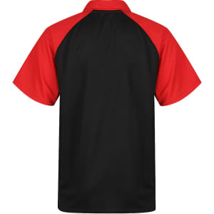 A polo shirt featuring a black body with red sleeves and a collar, designed for children.