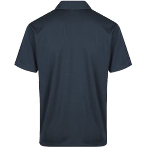 A plain navy polo shirt with a collared neckline and short sleeves, featuring a branding logo.