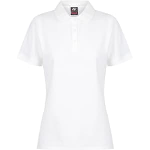 A white women's polo shirt with a collar and placket, featuring a branding logo.