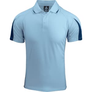Light blue polo shirt with navy blue accents and a logo on the chest. Short sleeves and a collar design.