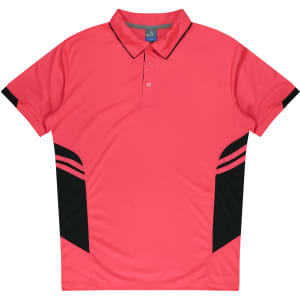 A pink and black polo shirt with a collar, buttons, and side stripes, featuring a logo.