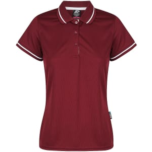 A maroon polo shirt featuring a classic collar and striped detailing, with a logo on the left side.