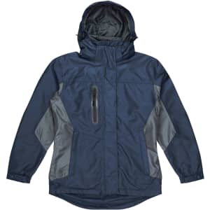 A navy blue jacket with grey side panels and a hood. It features a front zip pocket and branding.