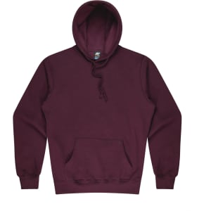 A maroon men's hoodie featuring a front pocket and a drawstring hood. It has a logo on the label.