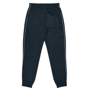 Dark blue kids' pants with side stripes and an elastic waistband, featuring branding.