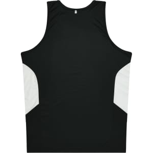 A black singlet with white side panels and a logo at the back.