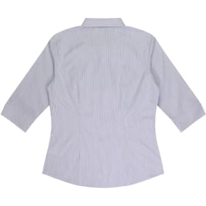 A button-up shirt with 3/4 sleeves in light blue and white striped pattern, featuring a collar and a back view.