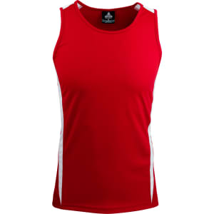 A red men's singlet featuring white side panels and a branding logo at the neckline.