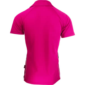 A vibrant pink polo shirt with a fitted design, featuring a contrasting side stripe and a logo detail.