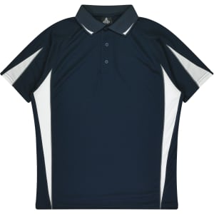 A navy blue polo shirt featuring grey accents and a collar. It has a logo on the garment.