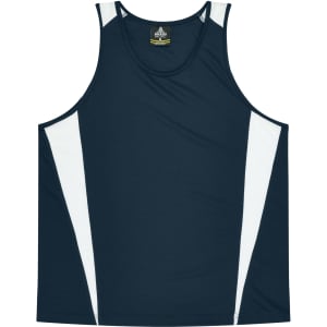A dark navy singlet featuring white side panels and a branding logo at the neckline.