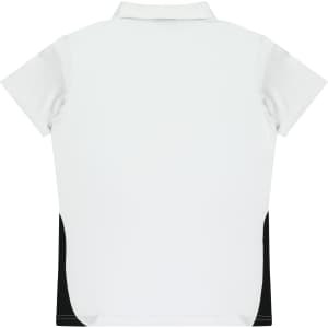 A white polo shirt with black sides and a collar, featuring a logo on the back.