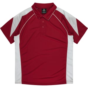 A red polo shirt featuring white side panels and a collar, with a logo on the label.