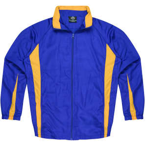 A blue tracktop with yellow side panels and a zip front. It features a collar and long sleeves.