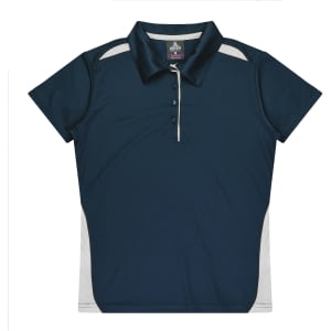 A navy blue polo shirt featuring a collar, buttons, and contrasting white side panels. It has a logo on the chest.