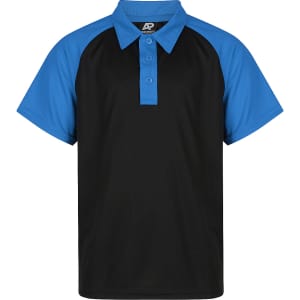 A black and blue polo shirt featuring a collar and short sleeves, with a logo on the label.