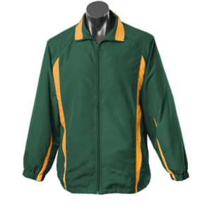 A green tracktop with yellow detailing, featuring a zip front and elastic cuffs, on a mannequin.