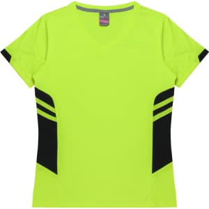 A bright yellow women's T-shirt featuring black side accents and a V-neck design. It has a logo on the label.