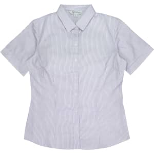 A short sleeve women's shirt featuring a white and navy striped pattern and a button-down collar. It includes a logo.