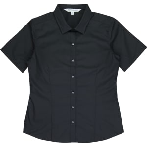 A black short-sleeve button-up shirt with a fitted design and a collar, featuring branding.