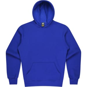 A blue kids' hoodie featuring a kangaroo pocket and a hood. The hoodie has a logo on the label.