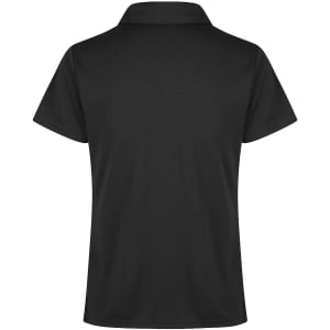 A black polo shirt with a classic collar and short sleeves. Features a logo on one side.