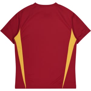 A red t-shirt with yellow side panels and a simple design, featuring a logo on the back.