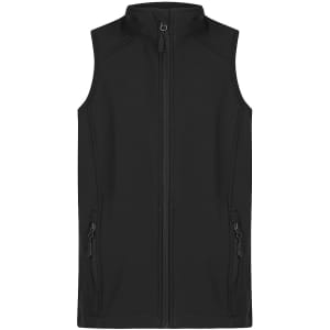 A black kids' vest with a zip front and two side pockets, featuring a logo on the front.